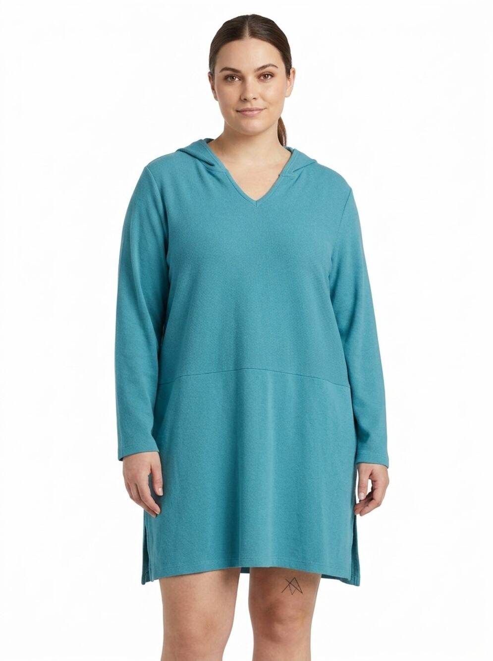 Denim & Co Company . Teal Knit Hooded Long Sleeve Tunic Dress Women Size XL